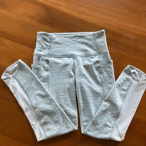 Athleta, Yoga Pants, Mesh Sides with Two Side Pockets, Size XS, Gray and White.